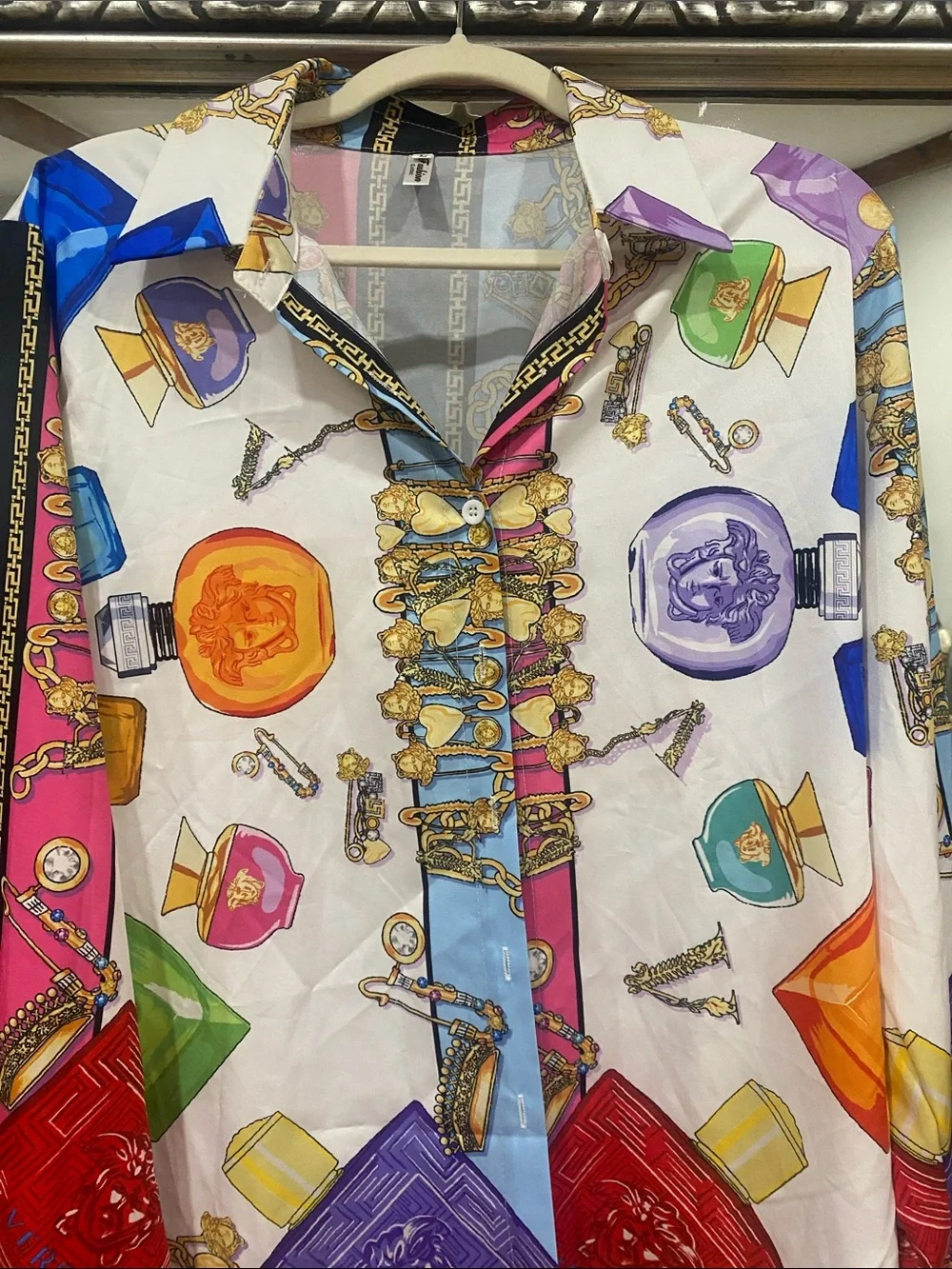 Women's Multicolor Scarf-Print Satin Blouse - Vibrant White Base